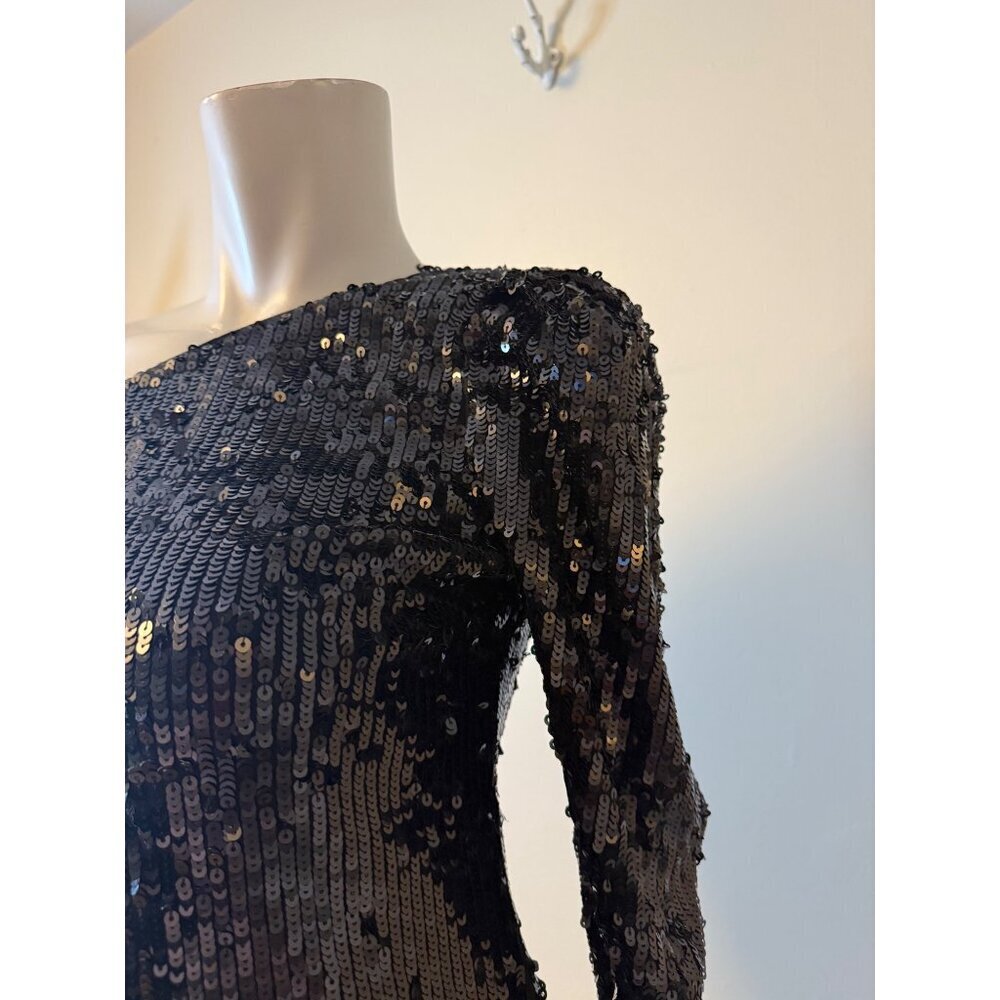 Express Black One-Shoulder Sequin Mini Dress With Long Sleeve Size 2 - Picture 8 of 8